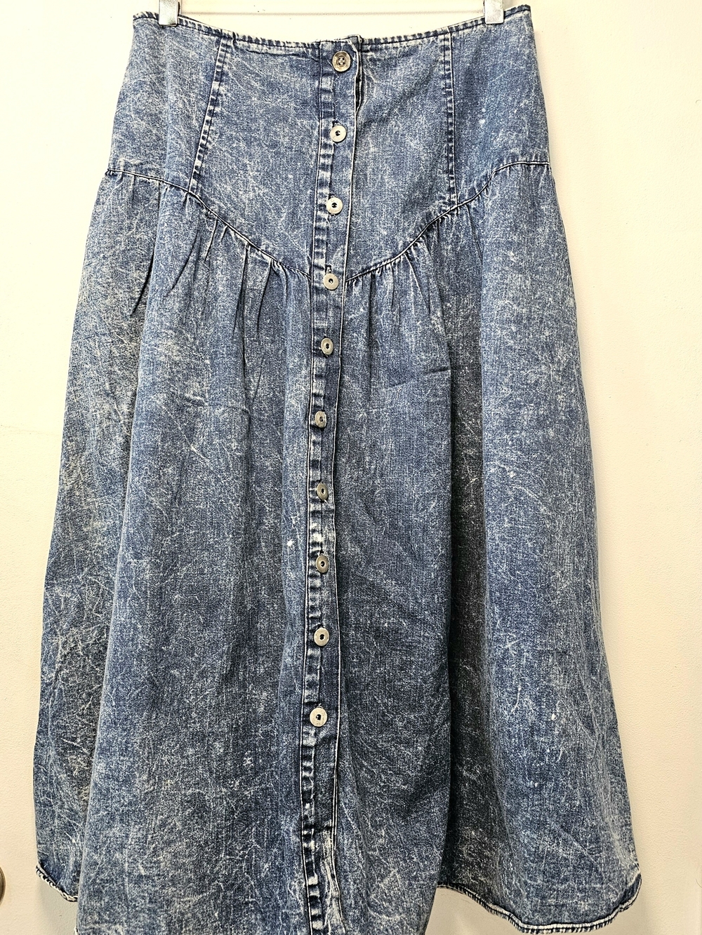 Vintage 80s SHADES Denim Skirt Acid Wash High Waist Button Front A Line Maxi